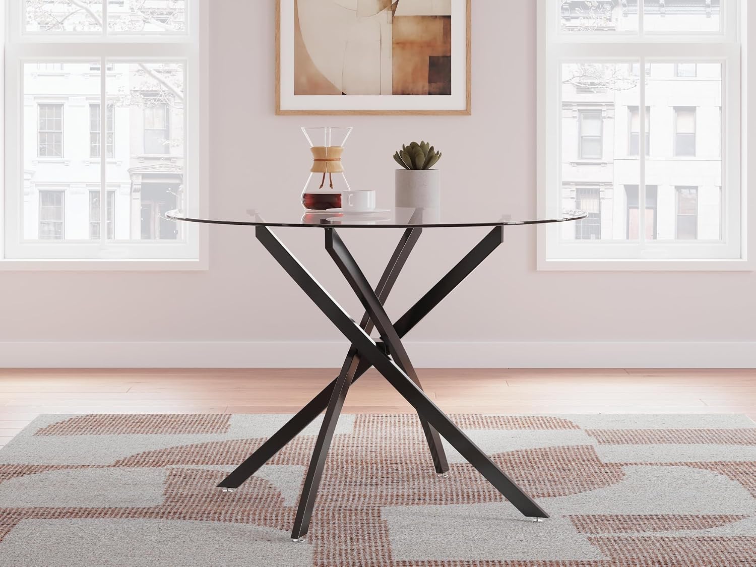 Signature Design by Ashley Pharwynn Modern Glass Tabletop Dining Table with Cross-Shaped Base, Black