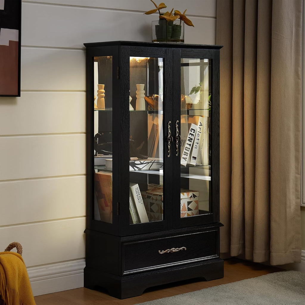 3-Tier Lighted Glass Curio Display Cabinet, 47" H Glass Storage Cabinet with Adjustable Shelves & 1 Drawer, Wooden Wine Accent Display Case with Mirrored Back Panel for Living Room (Black)