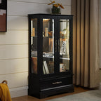 3-Tier Lighted Glass Curio Display Cabinet, 47" H Glass Storage Cabinet with Adjustable Shelves & 1 Drawer, Wooden Wine Accent Display Case with Mirrored Back Panel for Living Room (Black)
