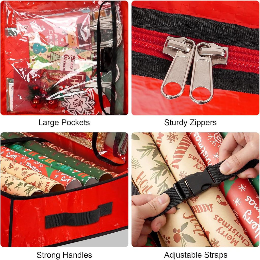 HikooLSS Wrapping Paper Organizer Storage Container for Christmas Holiday Gift Wrap Storage 43.2" Durable PE Underbed Storage Container with Interior Pockets Fits 24 Paper Rolls (Red)