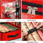 HikooLSS Wrapping Paper Organizer Storage Container for Christmas Holiday Gift Wrap Storage 43.2" Durable PE Underbed Storage Container with Interior Pockets Fits 24 Paper Rolls (Red)