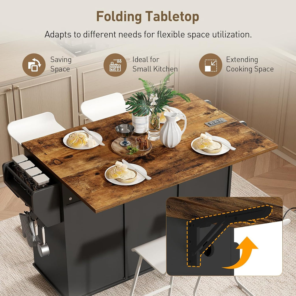 RALGEND Kitchen Island with Power Outlets & Drop Leaf, Kitchen Cart with Storage, Drawer and Spice Rack, Tower Rack, Island Table, Black and Rustic Brown
