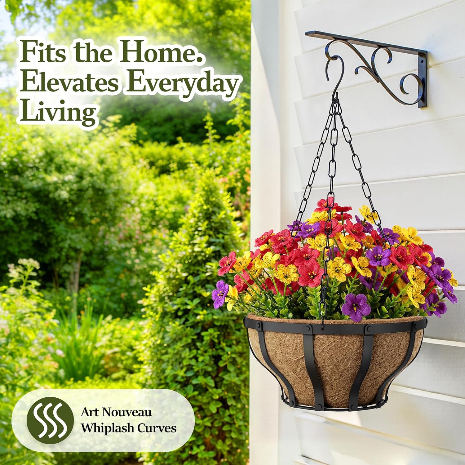 VOXOR Artificial Hanging Flowers with Hanging Baskets for Outdoors, 12 Inch Metal Hanging Planter with 12 Bundles UV Resistant Fake Flowers, Faux Hanging Plants for Porch Patio Garden Balcony Decor