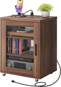 CHOEZON Media Cabinet with Charging Station, Stereo Cabinet with Wheels, Audio-Video Media Stand with Adjustable Shelves and Mesh Door, AV Rack for Living Room, Home Theater, Walnut MBZ23UHT