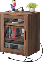 CHOEZON Media Cabinet with Charging Station, Stereo Cabinet with Wheels, Audio-Video Media Stand with Adjustable Shelves and Mesh Door, AV Rack for Living Room, Home Theater, Walnut MBZ23UHT