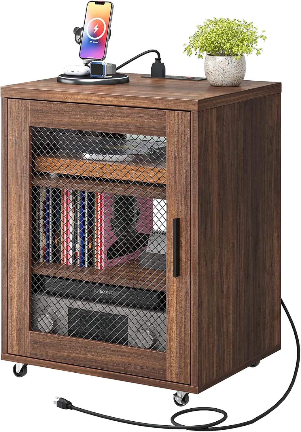 CHOEZON Media Cabinet with Charging Station, Stereo Cabinet with Wheels, Audio-Video Media Stand with Adjustable Shelves and Mesh Door, AV Rack for Living Room, Home Theater, Walnut MBZ23UHT
