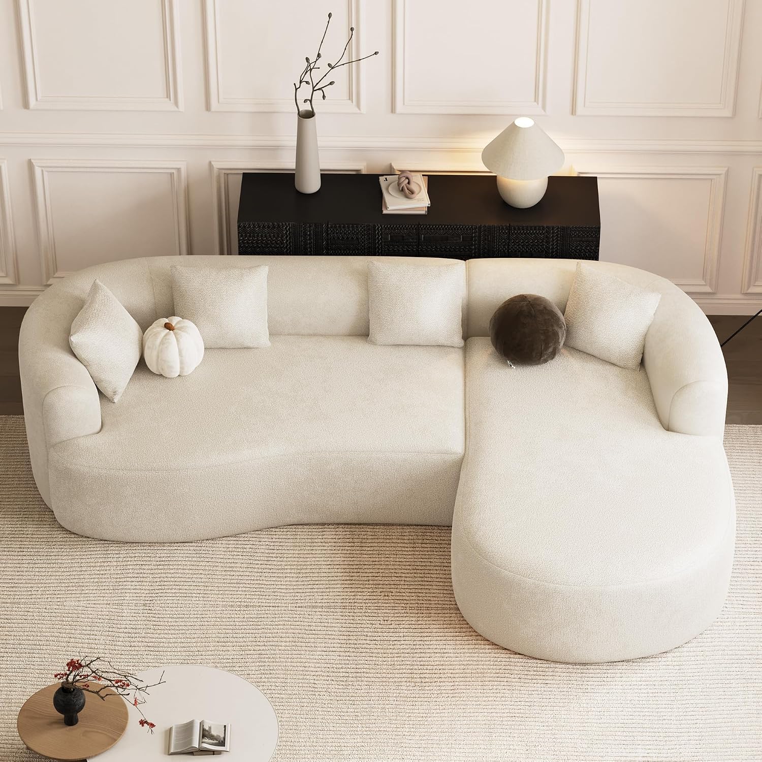 ONEMMLION Boneless Couch for Living Room, 111" Oversized Sectional Comfy Sofa with Right-Facing Chaise, Luxury Modern Curved L Shape Couch with Extra Deep Seat, No Asembly Required, Beige White