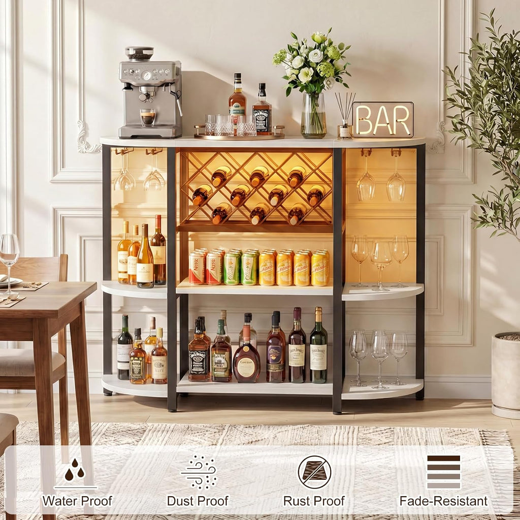 White Bar Cabinet with LED Lights & Power Outlets, 47" Curved Wine Bar Coffee Bar Cabinet with Wine Rack & Glass Holder, Liquor Cabinet Home Bar Unit for Living Room, Small Space