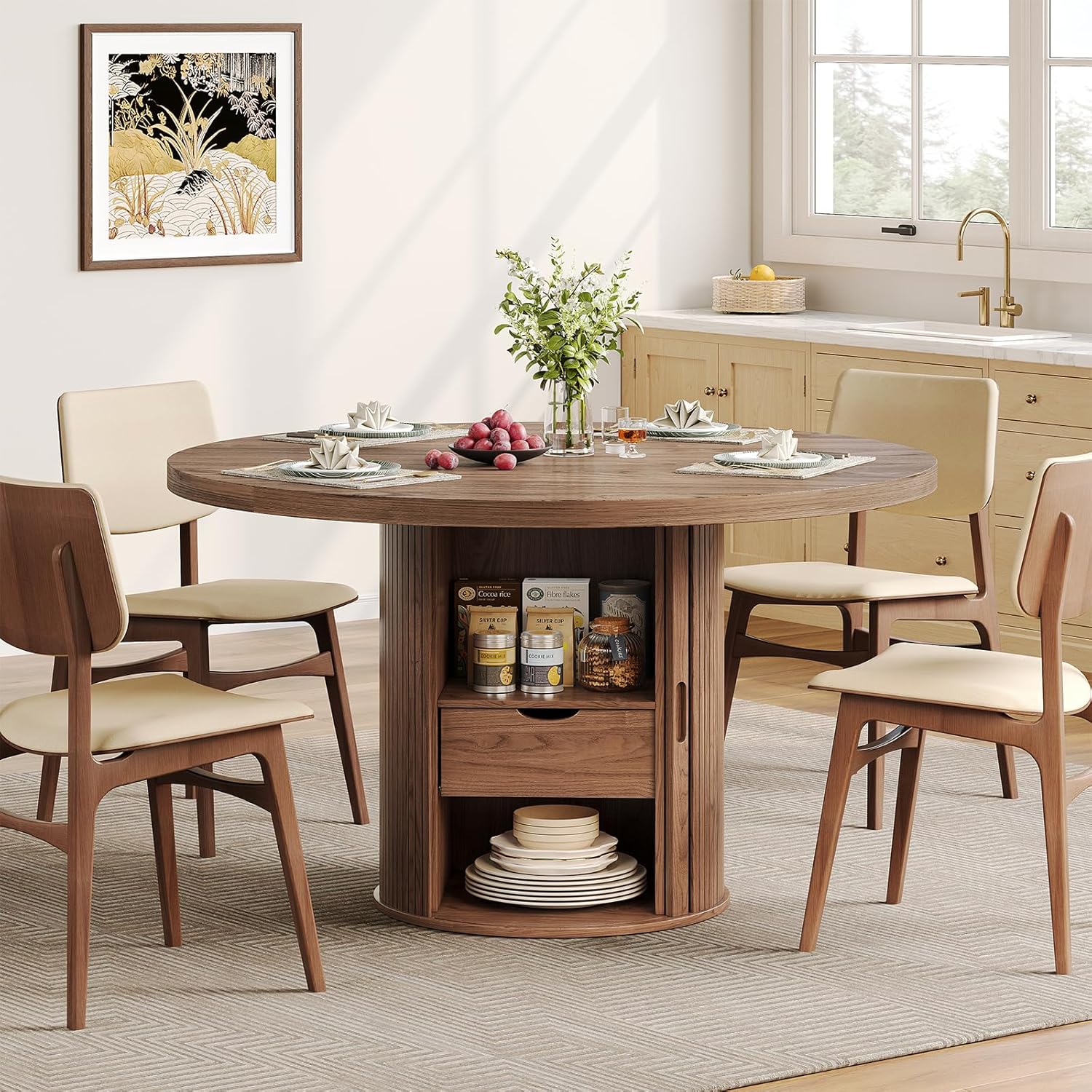 Round Dining Table for 4-6 Seats, 47" Circle Kitchen Table with Storage Drawer, Modern Mid-Century Pedestal Dinner Tables, Fluted Wood Base, Space Saving Dining Room Furniture for Family Party, Walnut