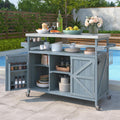 Outdoor Grill Cart with Storage, Rolling Bar Cart and Lockable Wheels, Farmhouse Solid Wood Outdoor Grill Table with Stainless Steel Top, Spice Rack, Towel Rack for Kitchen and BBQ, Grey Blue