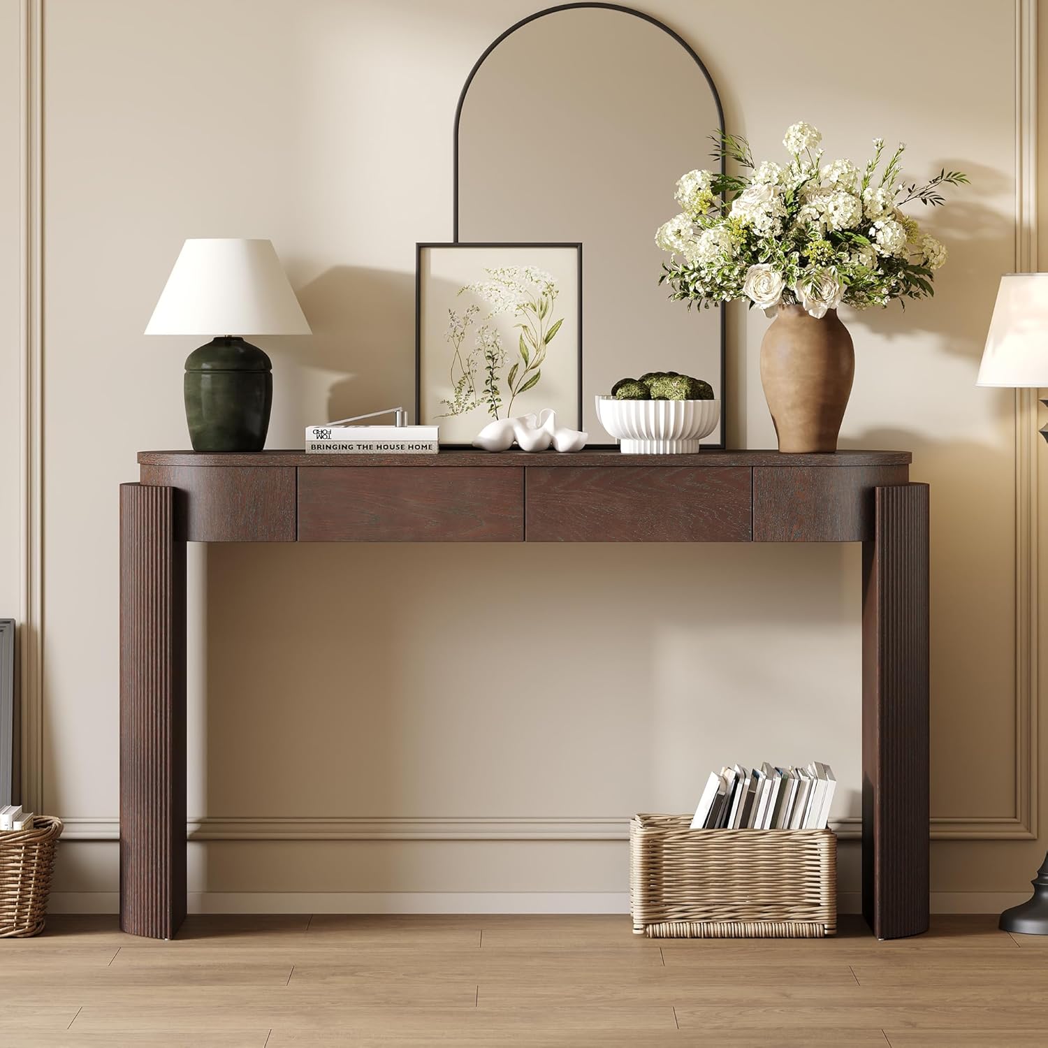 LKTART 55" Sofa Table with Oval Top and 2 Drawers, Entryway Console Table with Fluted Design for Hallway,Foyer,Entry and Living Room (Easy Assembled Espresso)