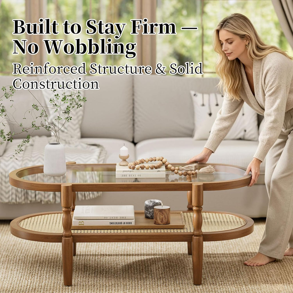 Rattan Coffee Table, Oval Cocktail Table with Glass Top and Solid Wood Frame, Boho Indoor & Outdoor Coffee Table, Brown, 40 in