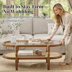Rattan Coffee Table, Oval Cocktail Table with Glass Top and Solid Wood Frame, Boho Indoor & Outdoor Coffee Table, Brown, 40 in