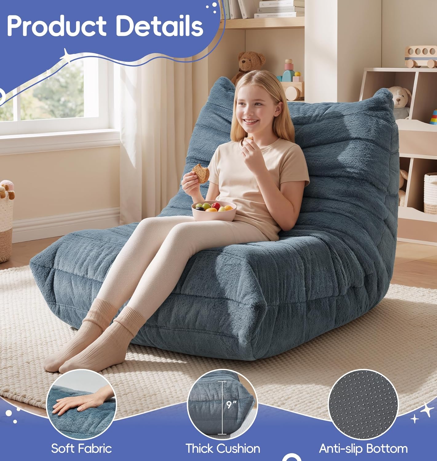 Hobestluk Bean Bag Chair for Teens Toddler Bean Bag Chair with Memory Foam Filler Beanbag with Spacious Design Bean Bag Couch for Reading Gaming Relaxing (Blue Grey, Medium)