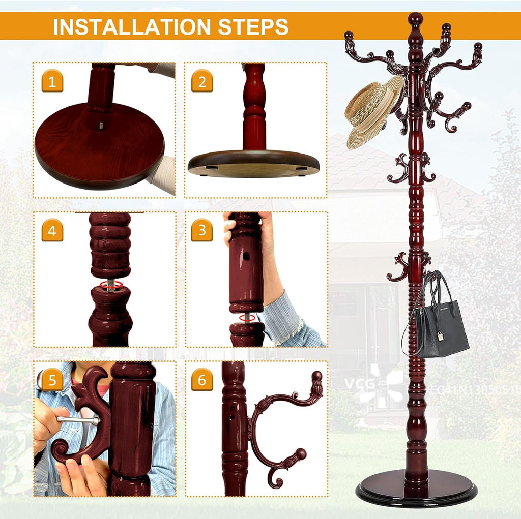 Wooden Coat Hanger Stand, Coat Rack Freestanding 18 Hooks, Mid Century Vintage Coat Tree for Entryway, Adjustable Height 73", Heavy Duty Coat stand for Home Bedroom, Office(Walnut)