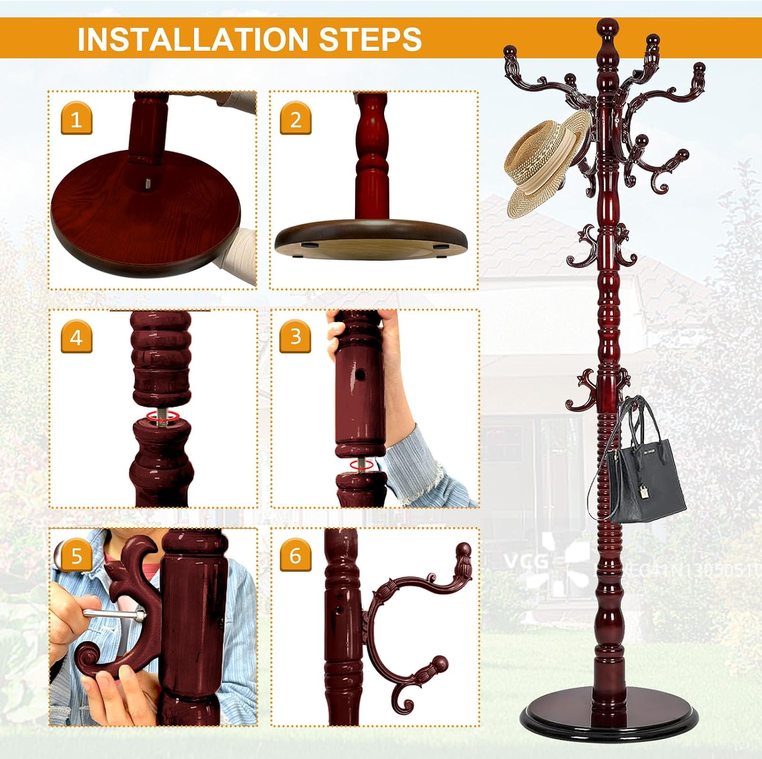 Wooden Coat Hanger Stand, Coat Rack Freestanding 18 Hooks, Mid Century Vintage Coat Tree for Entryway, Adjustable Height 73", Heavy Duty Coat stand for Home Bedroom, Office(Walnut)