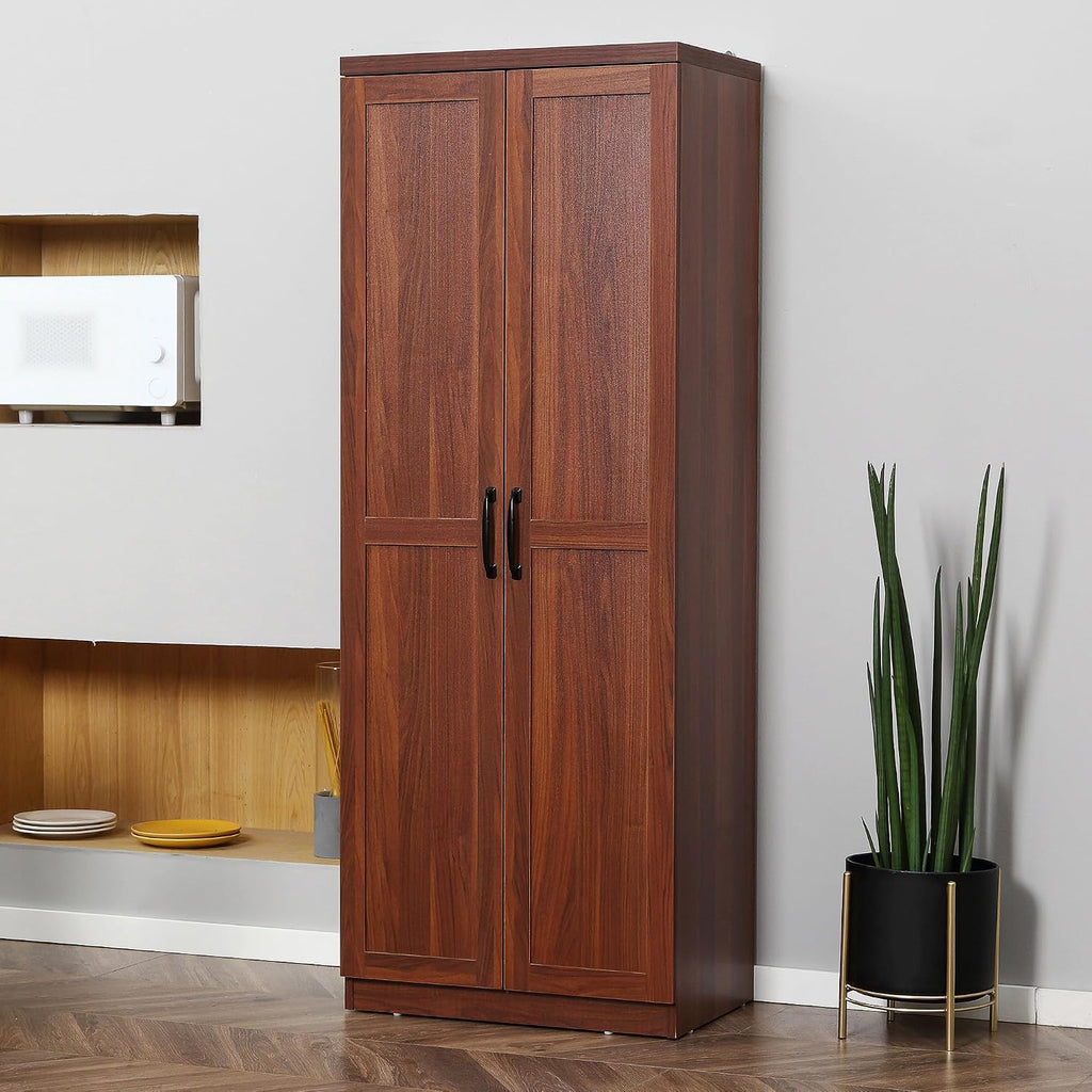 63" 2-Door Kitchen Pantry, Freestanding Storage Cabinet with 5-Tier Shelving and 2 Adjustable Shelves for Dining Room, Brown,15.8 * 23.5 * 63