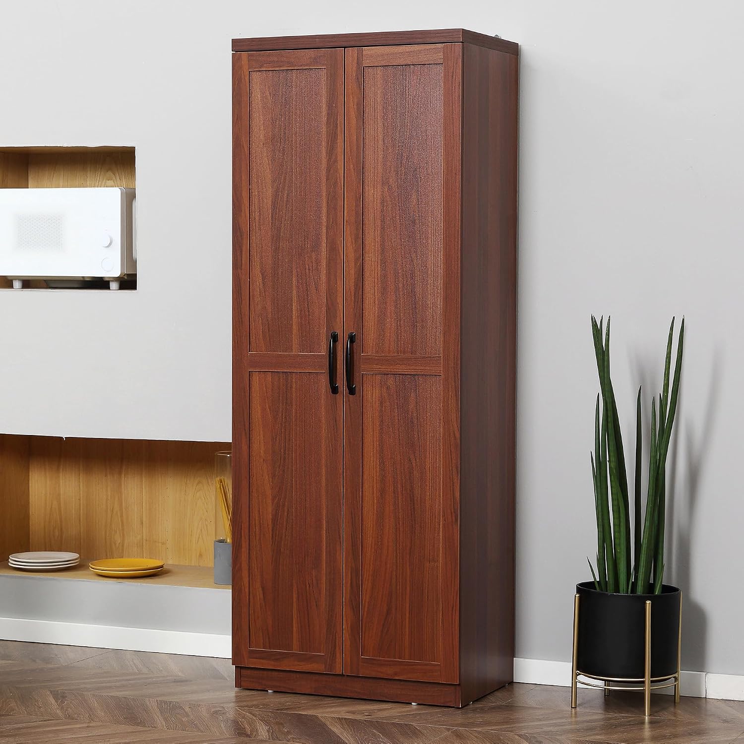 63" Kitchen Pantry, Freestanding Storage Cabinet with 5-Tier Shelving and 2 Adjustable Shelves, 2-Door, Brown, Easy to Maintain, for Dining Room
