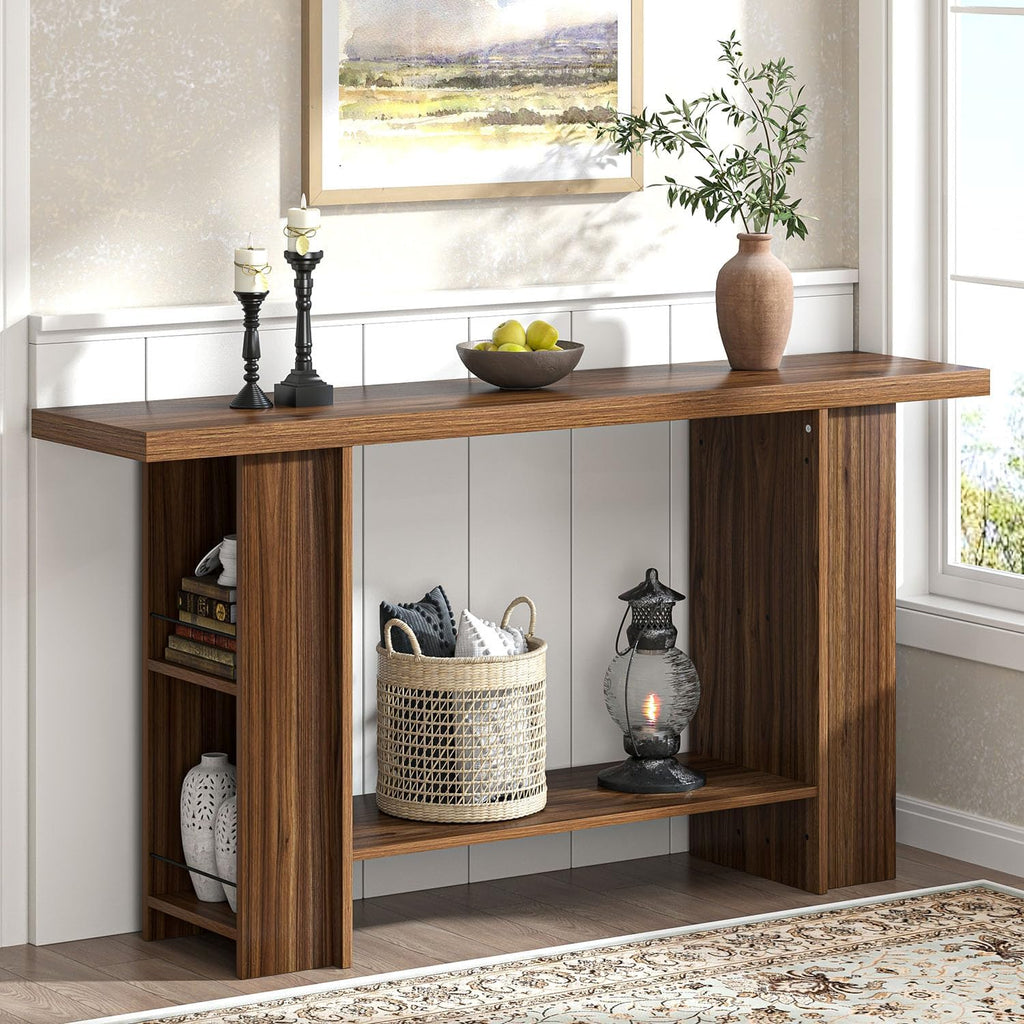 FOLUBAN Entryway Table, Modern Wood Console Table with Bottom & Side Storage Shelves, 2 Tier Sofa Table Behind Couch for Living Room, Long Hallway Table for Home Decor, 53 Inch, Walnut