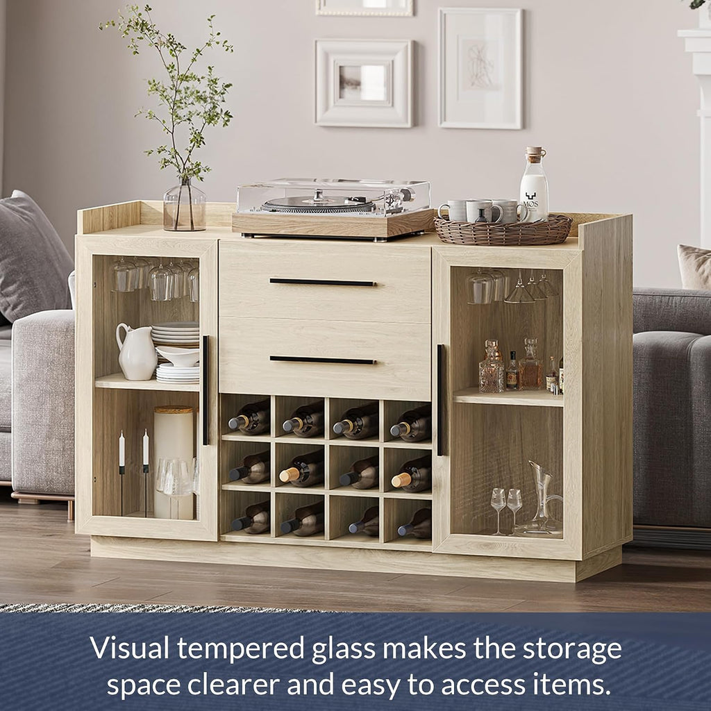 BELLEZE 55" Wine Cabinet, Sideboard Buffet with Wine Rack and Glass Holder, Home Coffee Bar Freestanding Liquor Cabinet with Display Glass Doors for Living Room, Dining Room - Marcel (White Lotus)