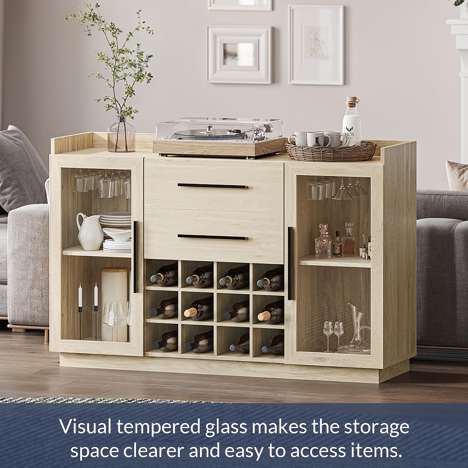 BELLEZE 55" Wine Cabinet, Sideboard Buffet with Wine Rack and Glass Holder, Home Coffee Bar Freestanding Liquor Cabinet with Display Glass Doors for Living Room, Dining Room - Marcel (White Lotus)