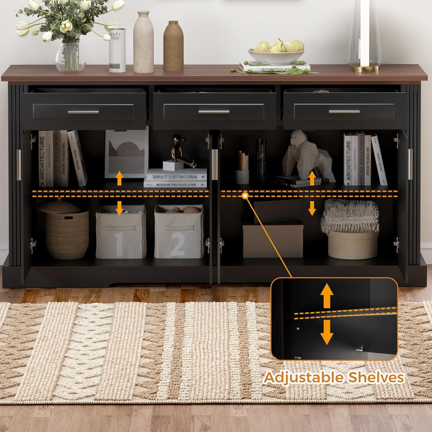 KEIKI 63" Fluted Sideboard Buffet Cabinet with Storage – 4 Doors, 3 Drawers, Adjustable Shelves, Kitchen Buffet, Cabinet for Dishes, Kitchen Console Cabinet, Black