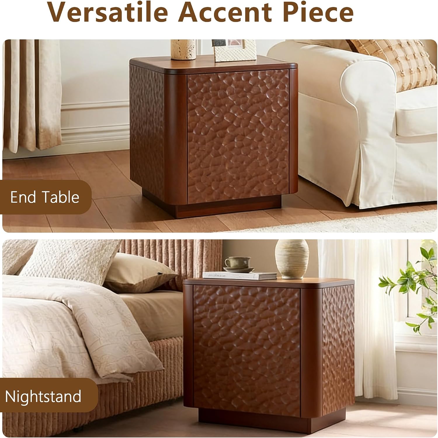 20 inch Square End Table, Wooden Sofa Side Table with Hammered Pattern & Solid Wood Veneer, Mid Century Modern Nightstand, Accent End Table for Living Room, Bedroom, Home Office, Walnut