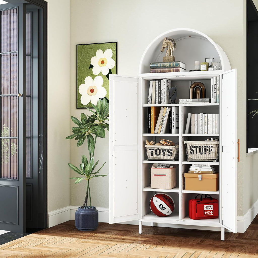 72.8" White Metal Arched Pantry Cabinet for Kitchen Storage, Tall 2-Door Cupboard with 6 Adjustable Shelves, Magnetic Closure & Anti-Tip Kit, 15.4" D x 30.7" W, Assembly Required