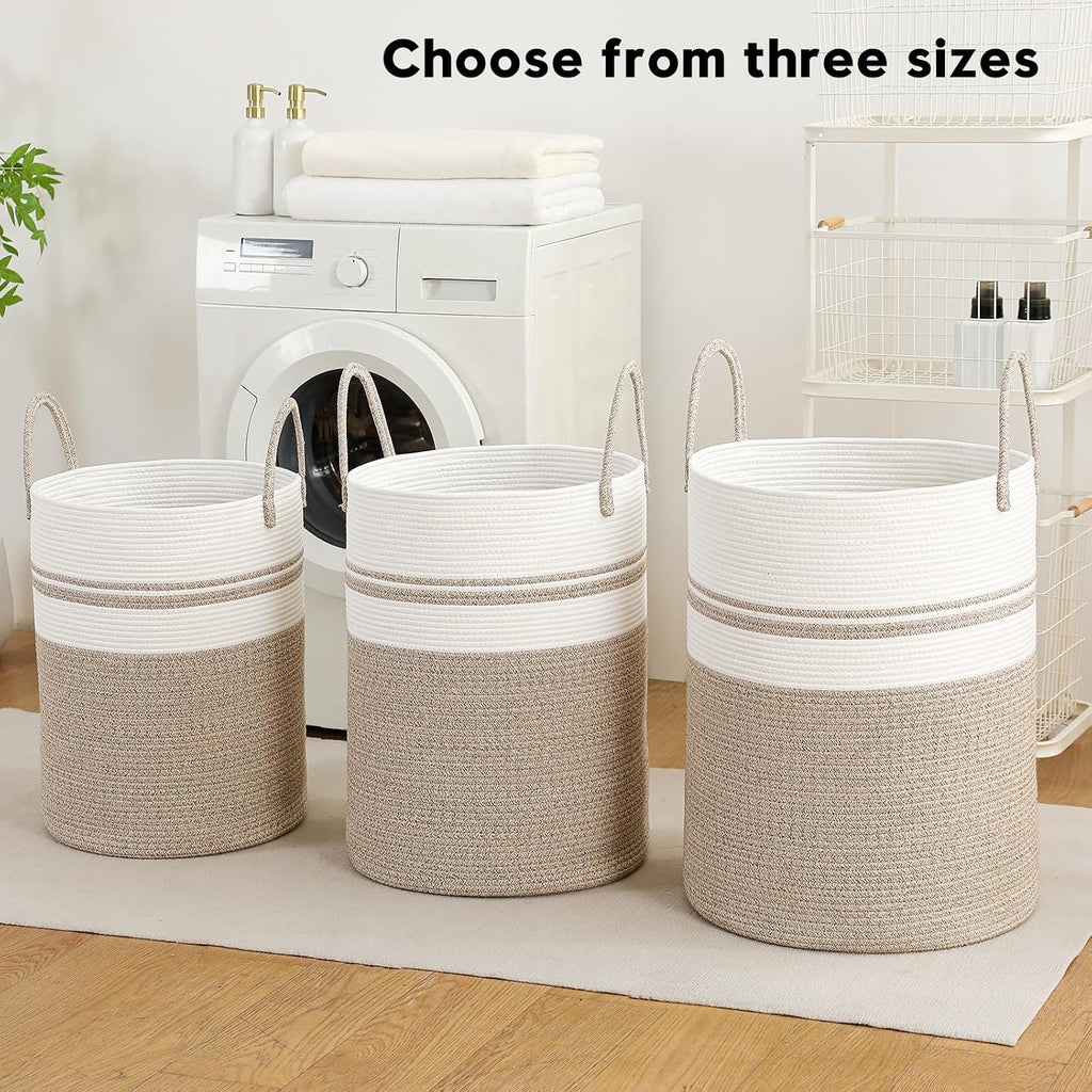 Laundry Basket Hamper Tall Rope Storage Woven for Blanket toys Dirty Clothes in Living Room Bathroom Bedroom (Brown&White, 60L/15.8Gal)