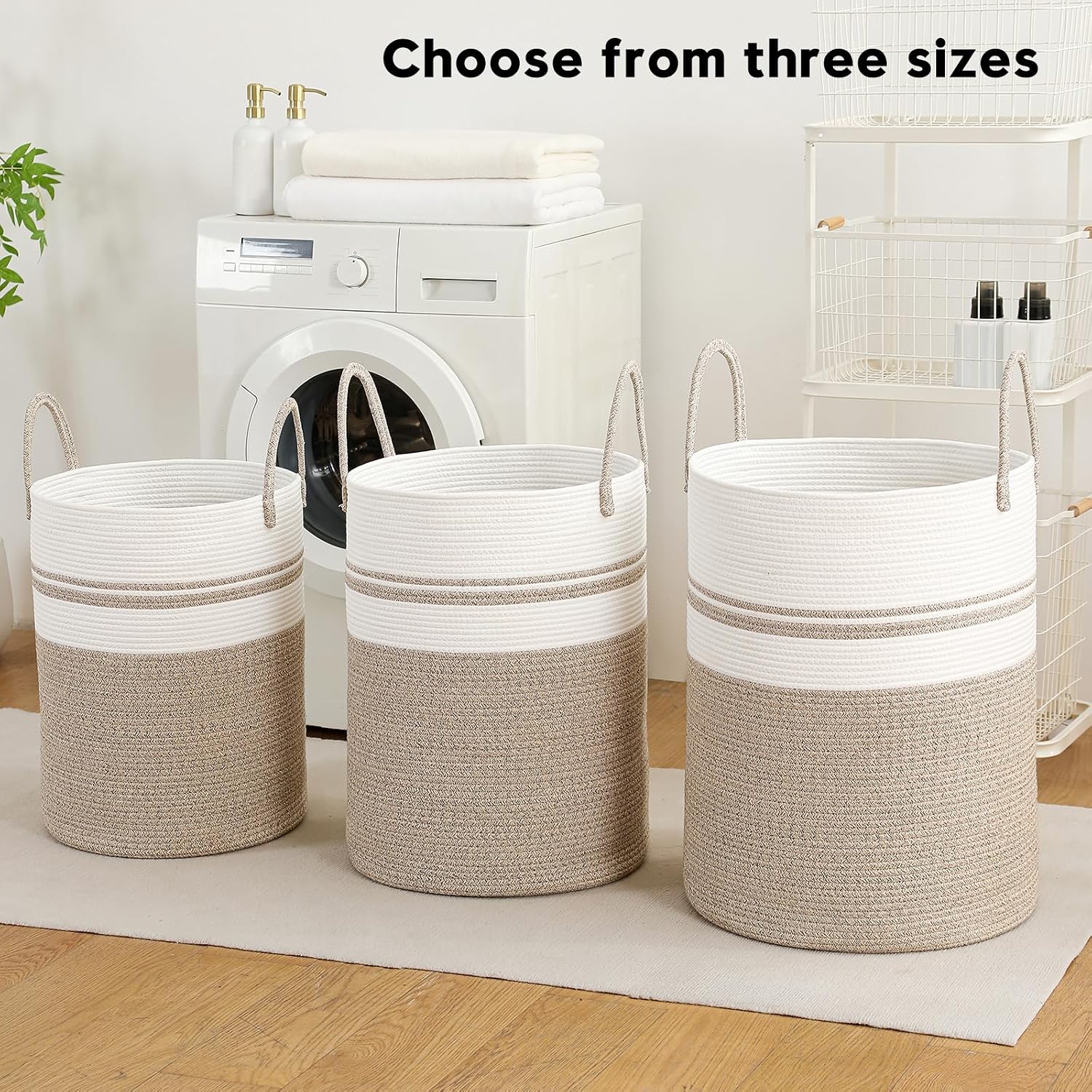 Laundry Basket Hamper Tall Rope Storage Woven for Blanket toys Dirty Clothes in Living Room Bathroom Bedroom (Brown&White, 60L/15.8Gal)