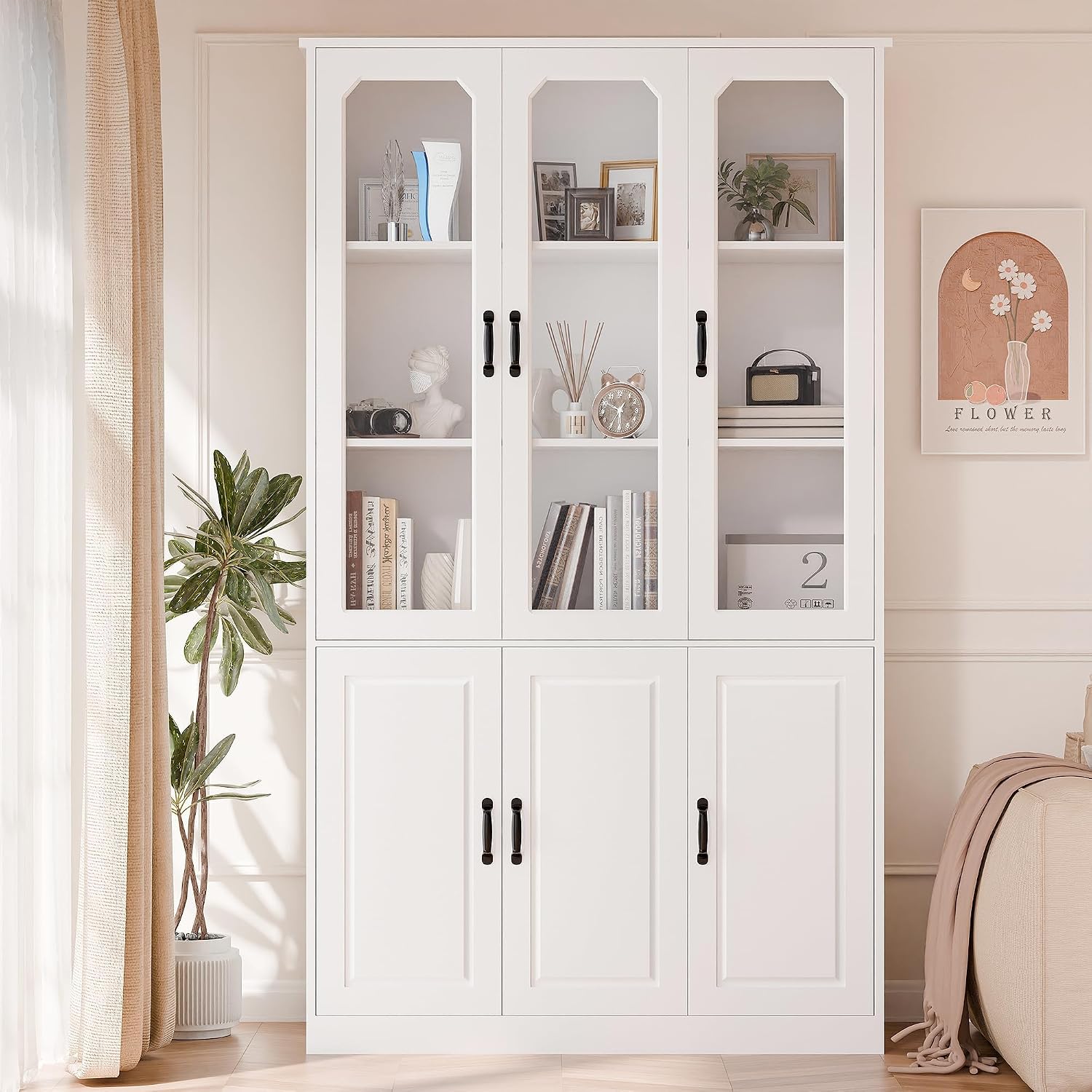 MU 78.7" Tall Kitchen Pantry with 3 Glass Doors, Freestanding China Cabinet with Adjustable Shelves, Large Kitchen Pantry Storage Cabinet Cupboard for Dining Room, Living Room, White (X-Large, 46" W)