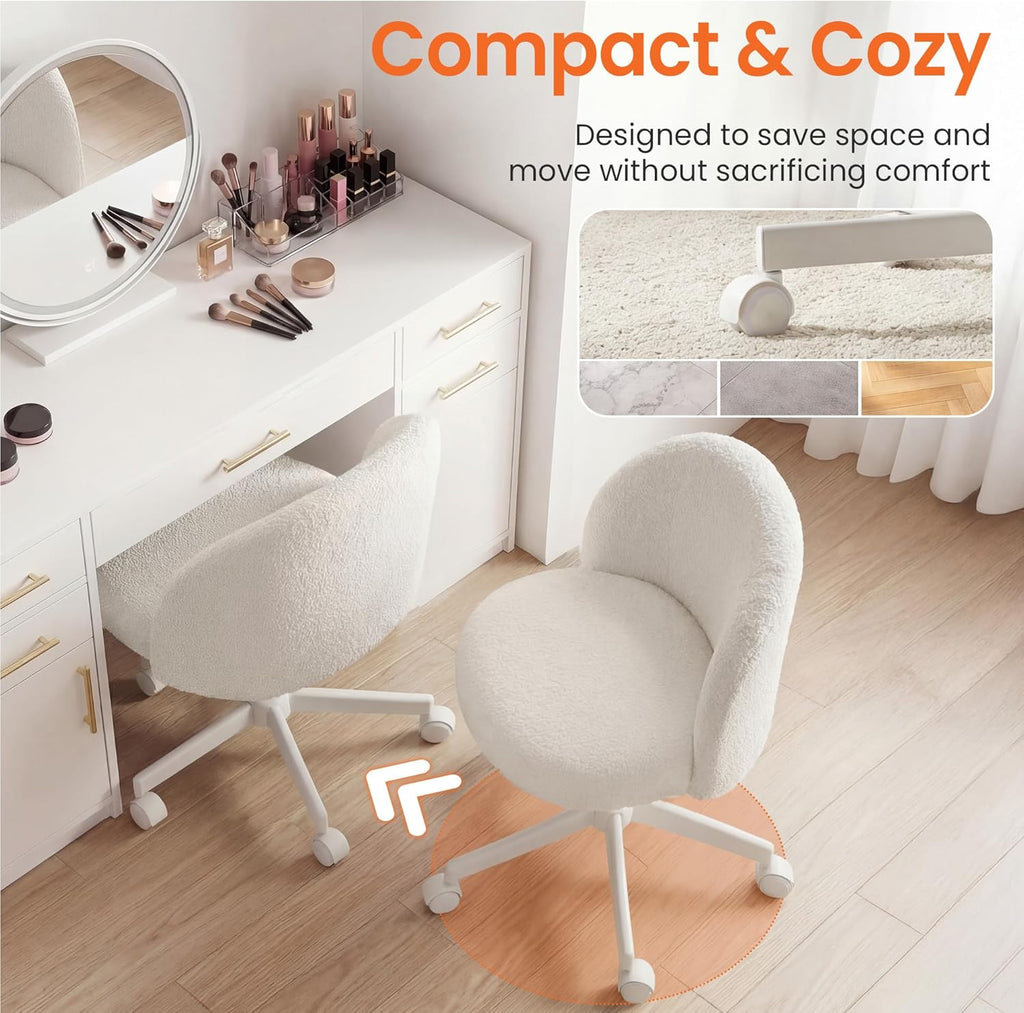 NEO CHAIR Office Vanity Chair with Wheels Comfy Desk Chair for Girls Cute Computer Small Armless Adjustable Height Swivel for Home Bedroom Task (White)