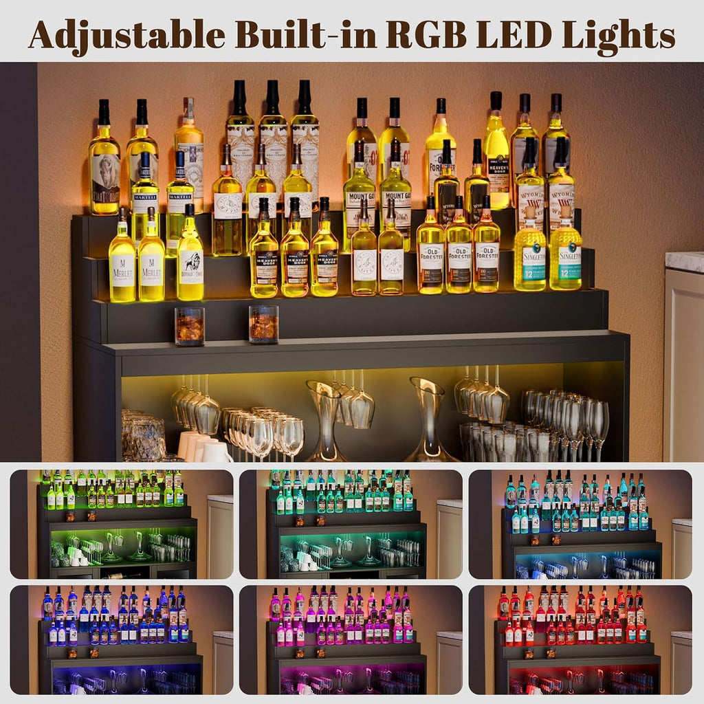 Loomie Wine Bar Cabinet with LED Lighted Liquor Bottle Display Shelf, Liquor Cabinet with Glass Holder, Coffee Bar for Liquor, Storage Buffet with Wine Racks, Wine Cabinet with Door (Black)