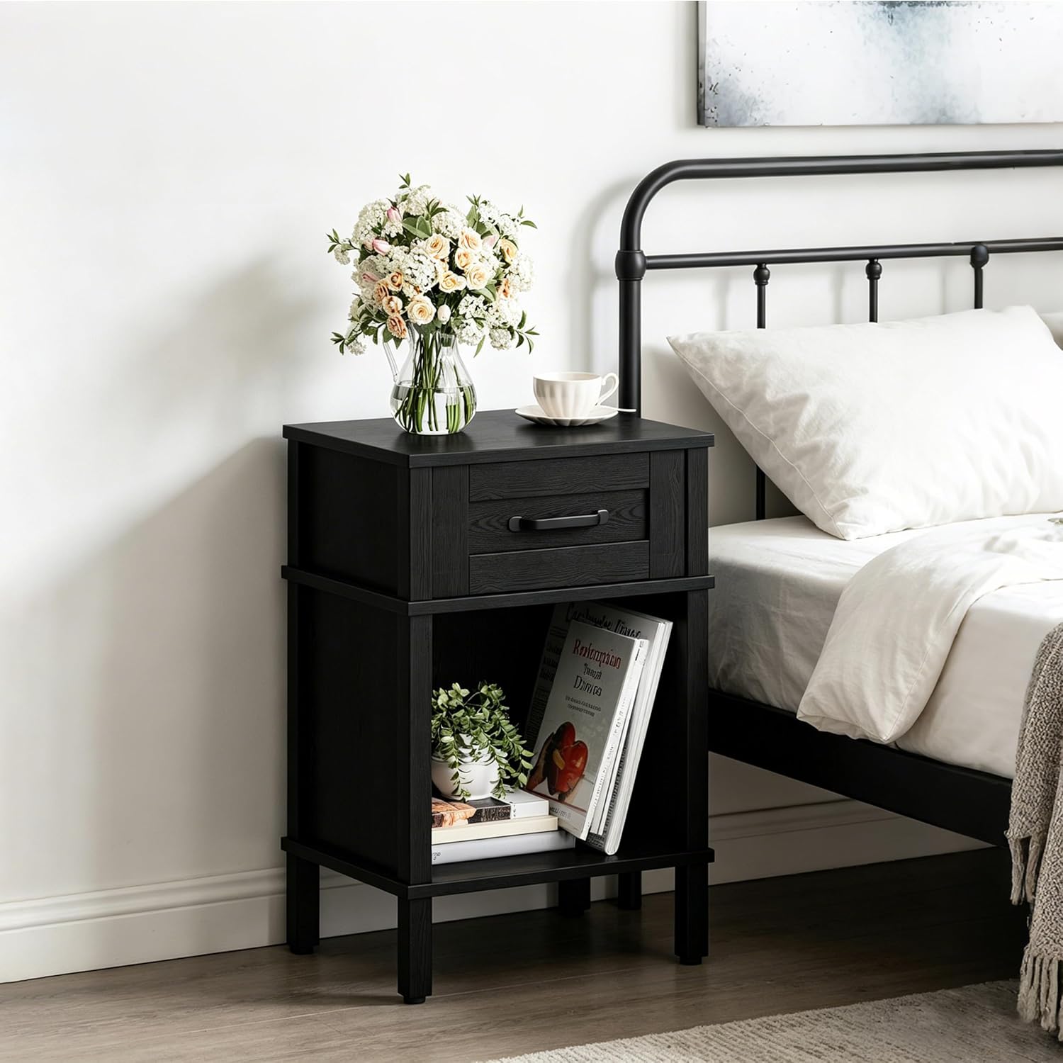 Black Nightstand with Drawers,Small Night Stand,Black Bedside Table | Morden Nightstand,Black Wood Nightstand,Bedside Table with Drawers,Farmhouse End Table,Black Side Tables Bedroom LET512B