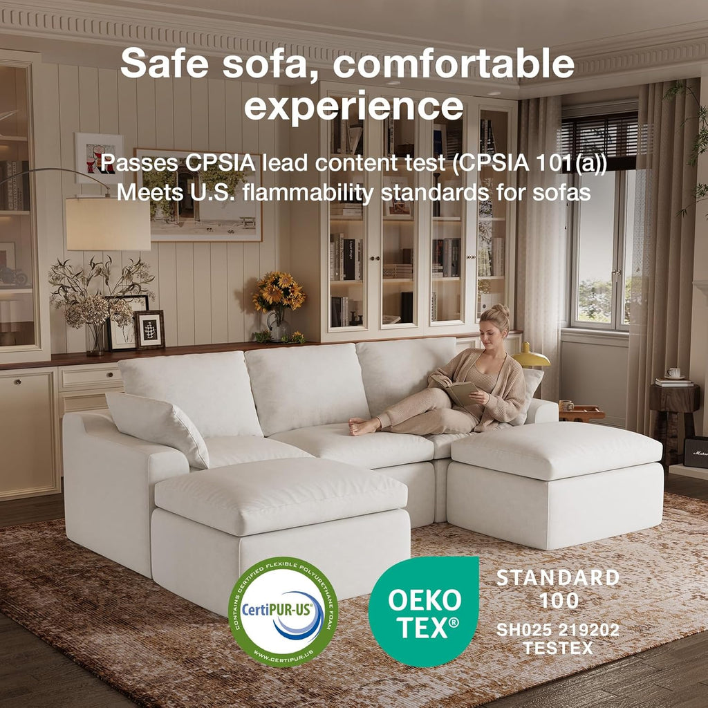 Novilla 104.3" Modular Cloud Couch, Modern Sectional Sofa with Smarts Coil® Support, Chenille Fabric, Upholstered Couch for Living Room Apartments Bedroom, No Assembly, 3 Seater + 1 Ottoman, White