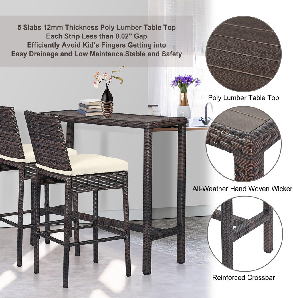 Outdoor Bar Table Patio Counter Height Table 45" Long Wicker High Top Pub Table Tall Console Table Rectangle Narrow with Adjustable Feet for Hot Tub Balcony Garden Outside Pool Deck Backyard Brown