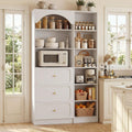 Cyclysio 80" Tall Pantry System with 3 Drawers, Arched Pantries with 9-Tier Open Shelves, Wooden Cupboard Storage Organizer with Baseboard Cutout for Living Room, Kitchen