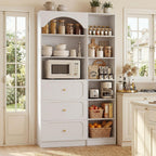 Cyclysio 80" Tall Pantry System with 3 Drawers, Arched Pantries with 9-Tier Open Shelves, Wooden Cupboard Storage Organizer with Baseboard Cutout for Living Room, Kitchen