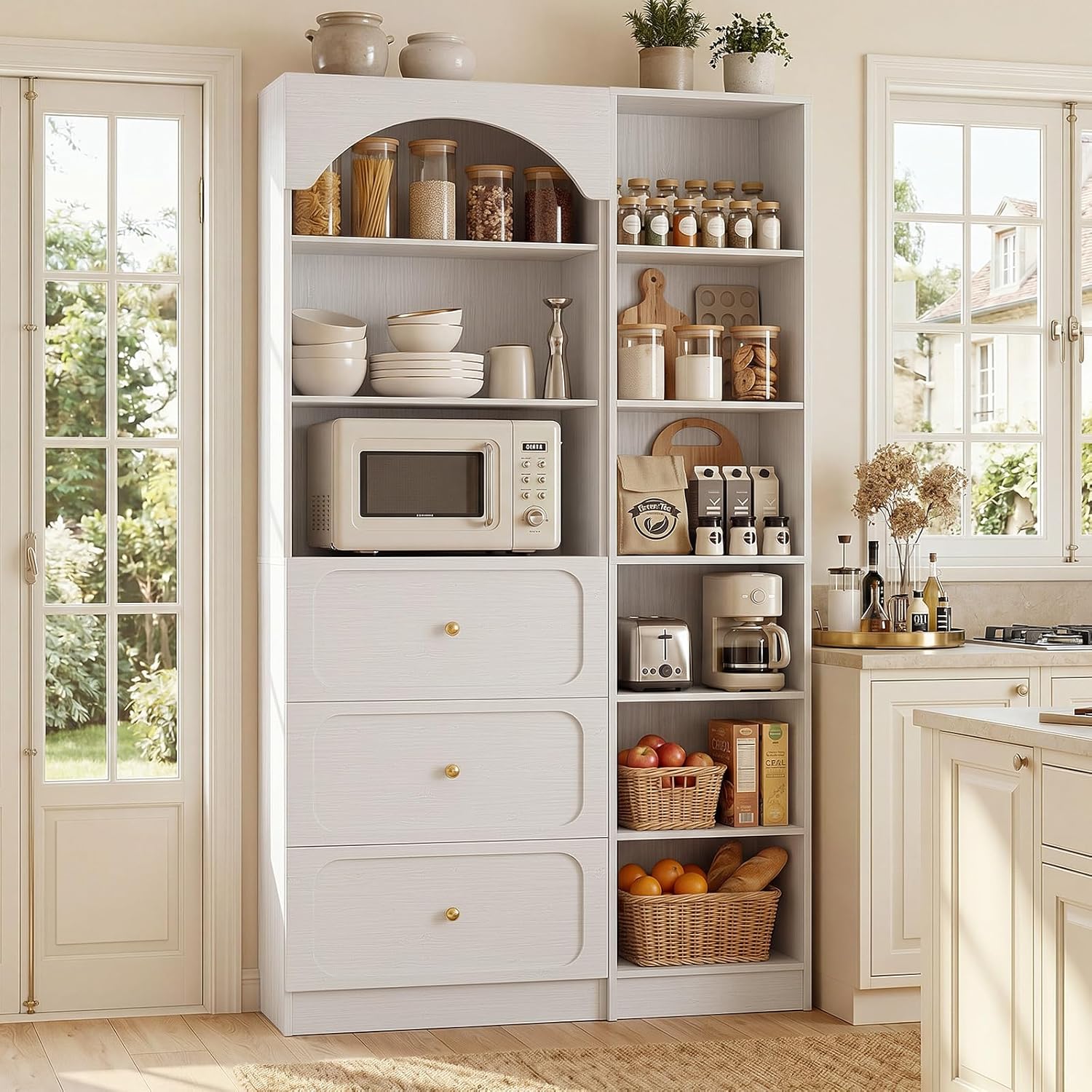 Cyclysio 80" Tall Pantry System with 3 Drawers, Arched Pantries with 9-Tier Open Shelves, Wooden Cupboard Storage Organizer with Baseboard Cutout for Living Room, Kitchen