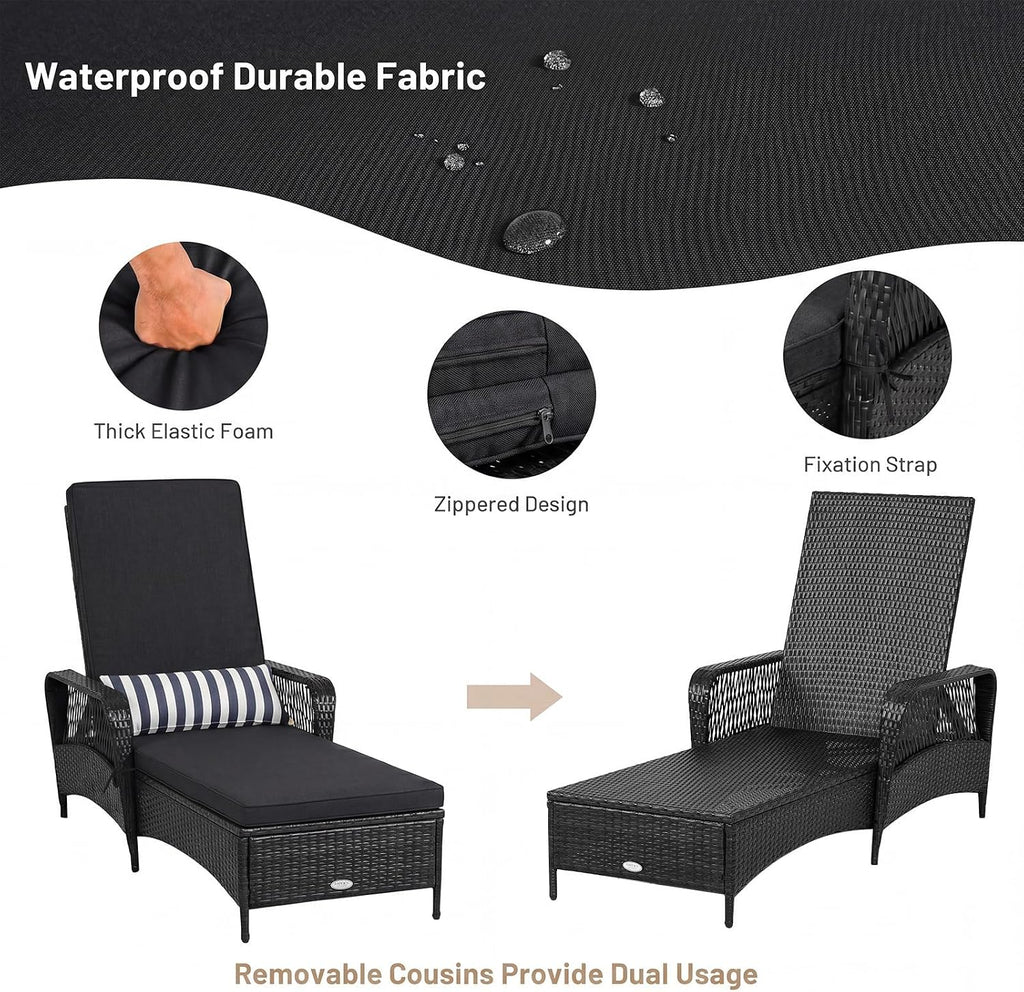 HAPPYGRILL Patio Chaise Lounge, Outdoor Rattan Wicker Recliner Chair with Thick Cushion, Lumbar Pillow, Adjustable Backrest for Garden Porch Lawn Poolside (1)