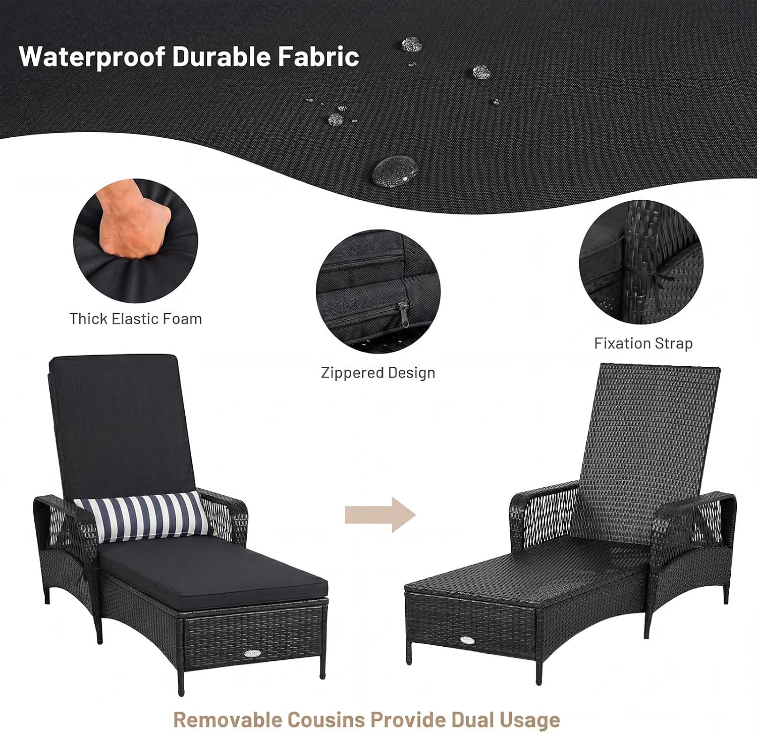 HAPPYGRILL Patio Chaise Lounge, Outdoor Rattan Wicker Recliner Chair with Thick Cushion, Lumbar Pillow, Adjustable Backrest for Garden Porch Lawn Poolside (1)