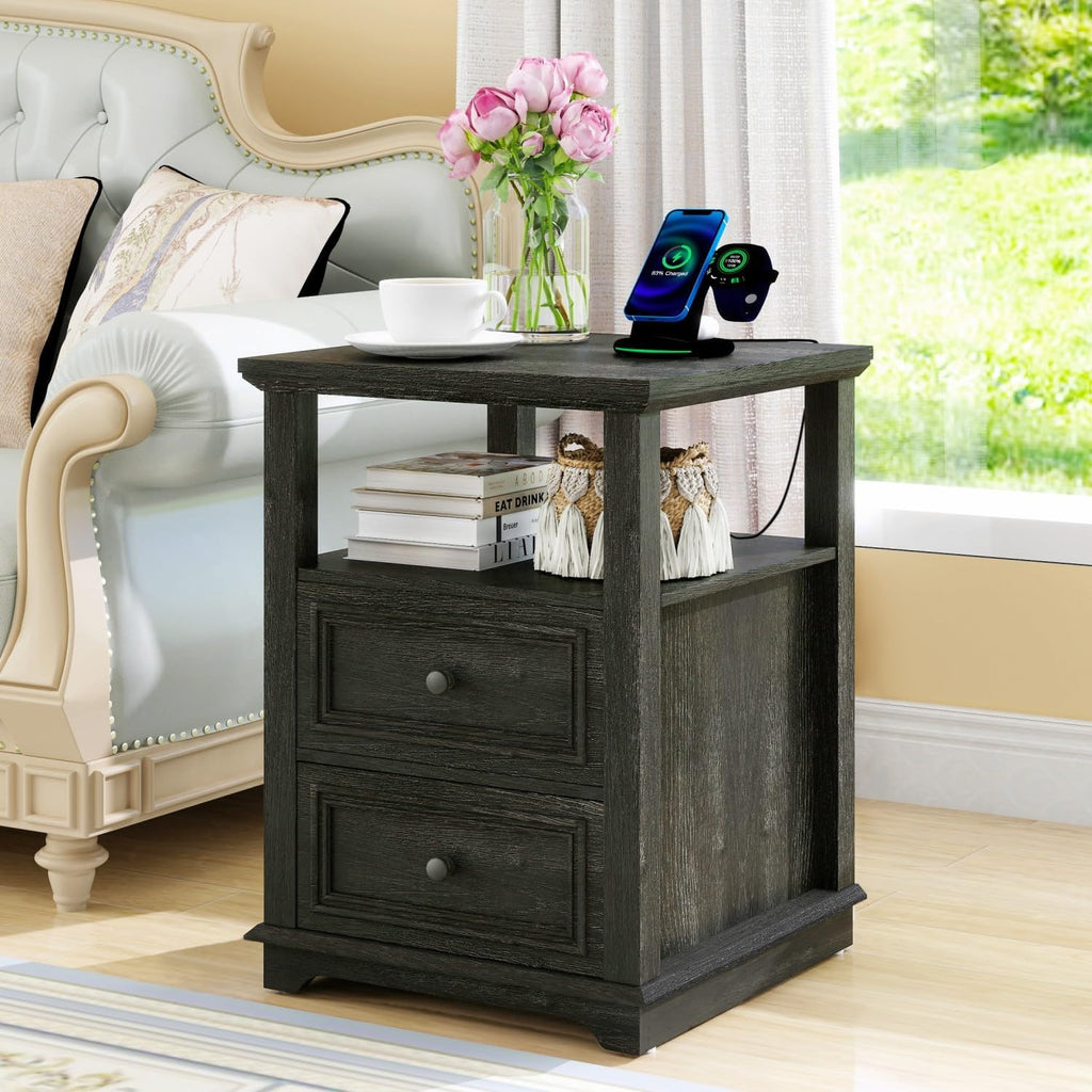 MUUEGM Night Stand with Charging Station, Dark Rustic Nightstands 18 Inch Bedside Table with 2 Storage Drawers and Open Shelf, Modern Wood End Table for Bedroom, Living Room, Closet, Office