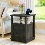 MUUEGM Night Stand with Charging Station, Dark Rustic Nightstands 18 Inch Bedside Table with 2 Storage Drawers and Open Shelf, Modern Wood End Table for Bedroom, Living Room, Closet, Office