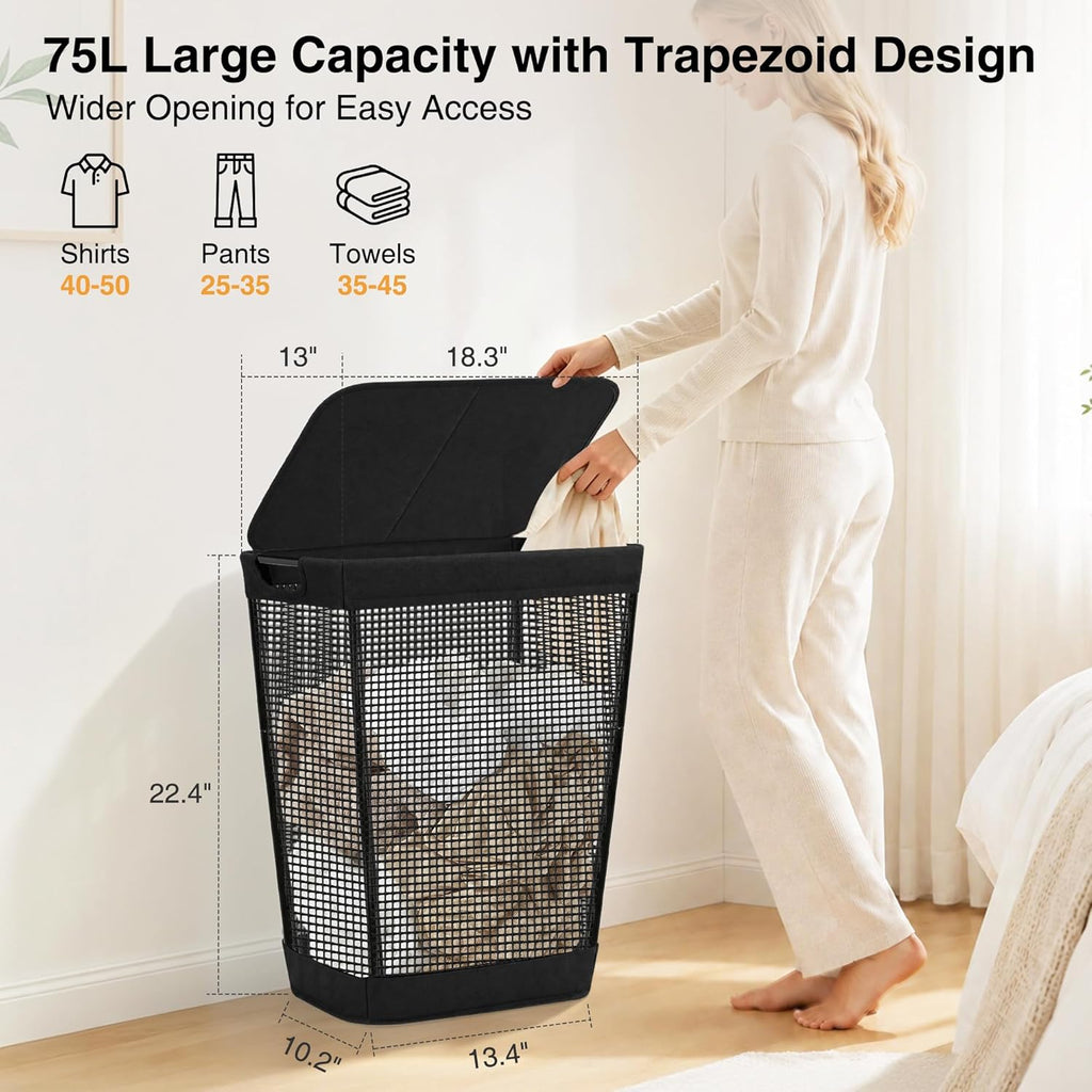 STO STO 75L Laundry Hamper with Lid, Black Clothes Hamper with Handles, Breathable Vinyl Mesh Laundry Basket, Sturdy Steel Frame, Space Saving Laundry Bin for Bathroom, Bedroom, Dorm, Small Spaces