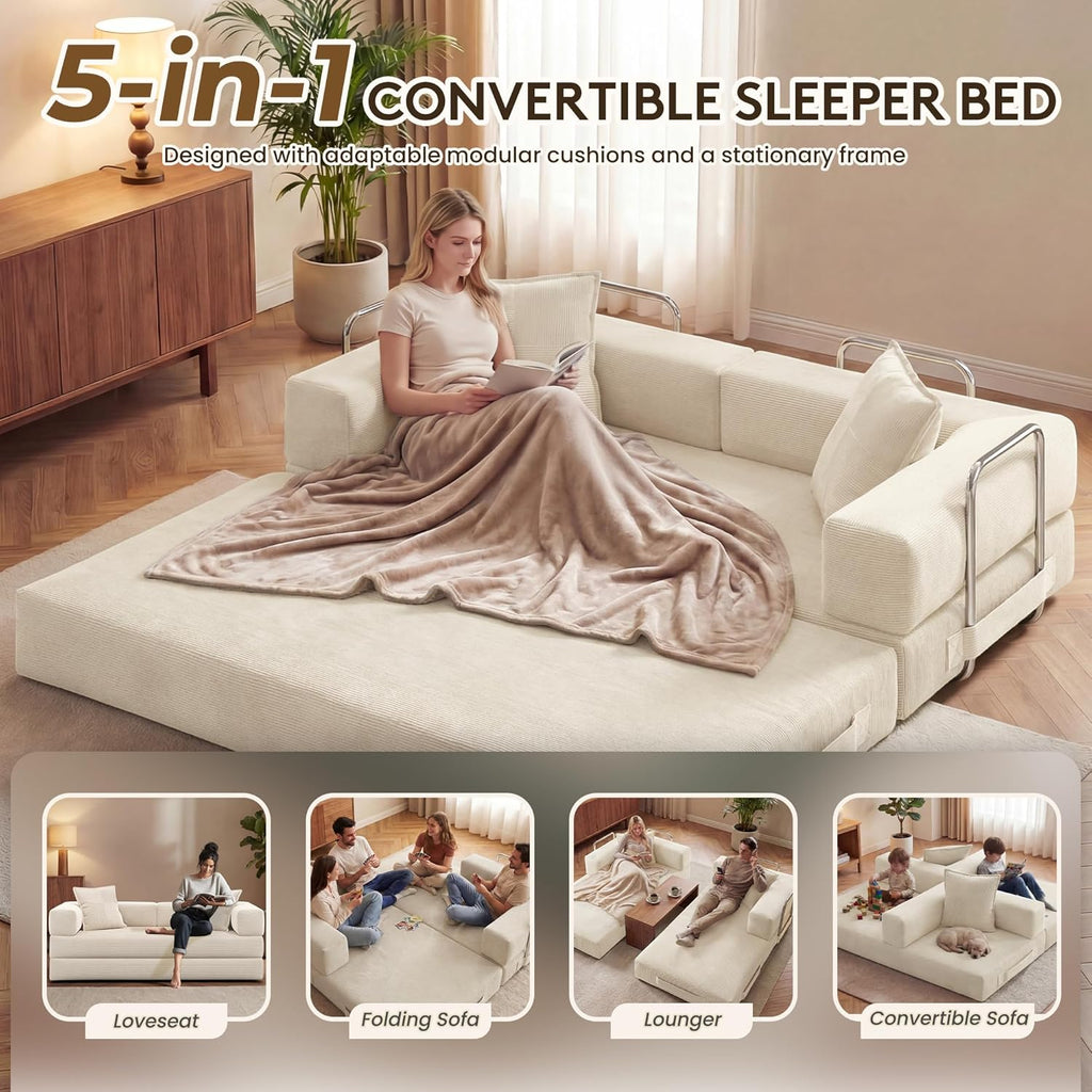 GRUSIGN 78 Inch Convertible Sofa Bed, 5-in-1 Futon Sofa Bed Pull Out Couch, Boneless Couch Bed for Living Room, Corduroy Boneless Couches for Bedroom, Apartment, No Assembly Sleeper Sofa Bed, Beige