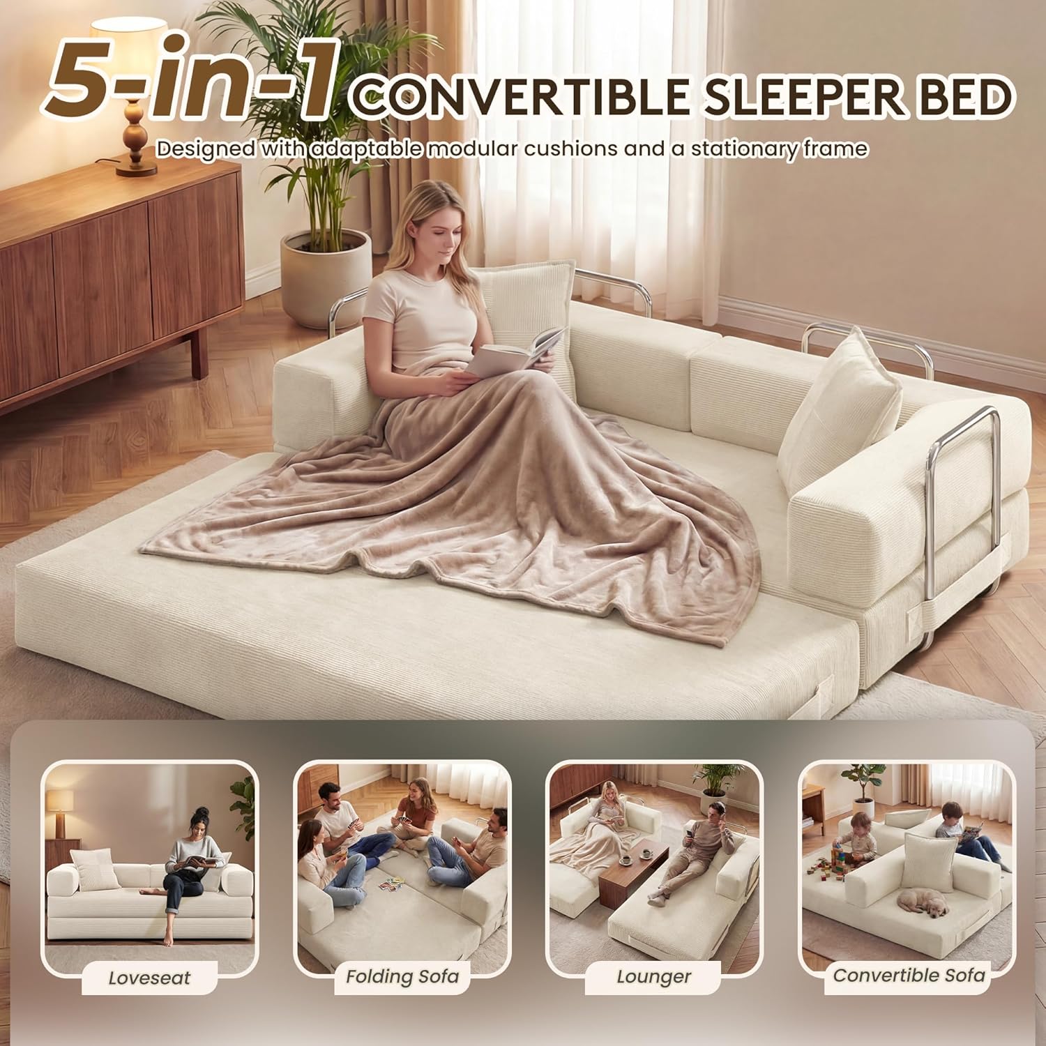 GRUSIGN 78 Inch Convertible Sofa Bed, 5-in-1 Futon Sofa Bed Pull Out Couch, Boneless Couch Bed for Living Room, Corduroy Boneless Couches for Bedroom, Apartment, No Assembly Sleeper Sofa Bed, Beige