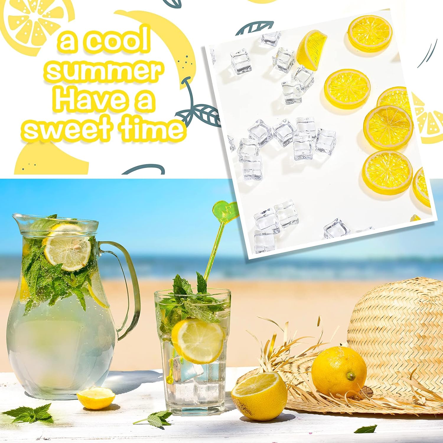 42 Pieces Acrylic Fake Lemon Slices Ice Cubes Artificial Plastic Lemon Slice Set Blocks Simulation Lemon Block Double Side Decorative Fake Fruit Model for Party Wedding Kitchen Decoration Photo Props