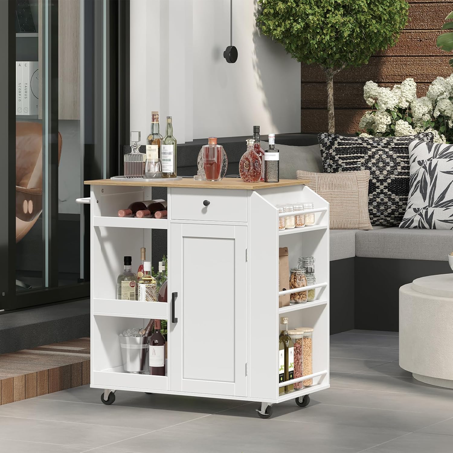 MAHANCRIS Kitchen Island with Power Outlet, Kitchen Storage Island with Drawer, Rolling Kitchen Cart on Wheels, Spice Rack, Towel Rack, Wine Rack, for Dining Room, White and Natural KINW122E01N1