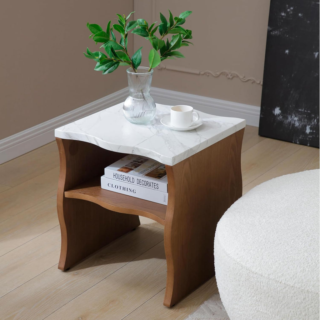 17.72" Whisper of Waves Modern End Table with Storage Shelf, Faux Marble Top & Natural Wood-Veneered Base, Nightstand Side Table for Bedroom, Living Room Accent Table, Walnut Brown
