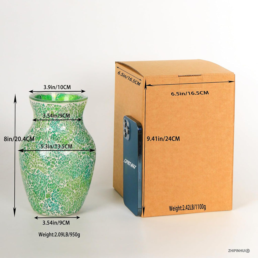 8" Organic Green Mosaic Vase, Heavy Glass Healing Spring Decor Centerpiece, Hand-Pasted Crackle Glass Flower Vase with Anti-Slip Base, Boho Nature Accent for Living Room & Bathroom